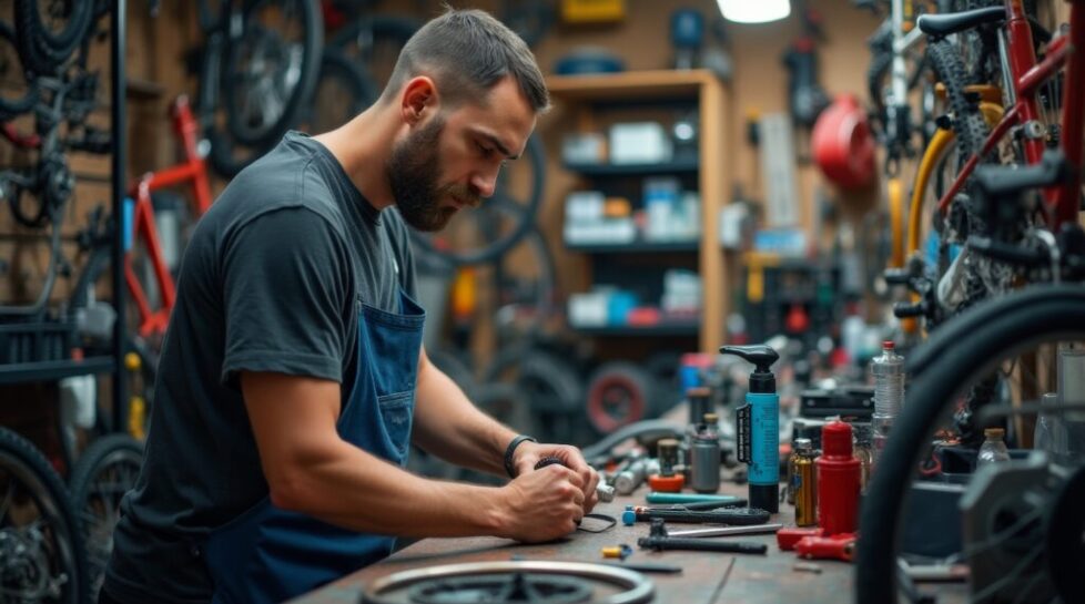 bike mechanic working in a busy workshop