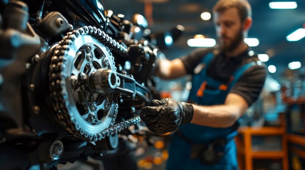 Mechanic repairing motorcycle chain in workshop during daytime